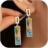 Coiris Clip on Dangle Earrings for women Colorful Rectangle Geometric Resin Dangle Boho Hypoallergenic Nonpierced Earrings for Sensitive Non-Pierced Ears