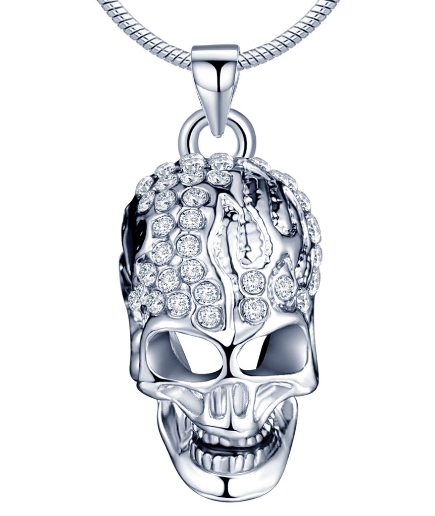 Yumilok Unisex Skull Pendant Necklace Silver Plated Rhodium Alloy Austrian Crystal Skull Pendant