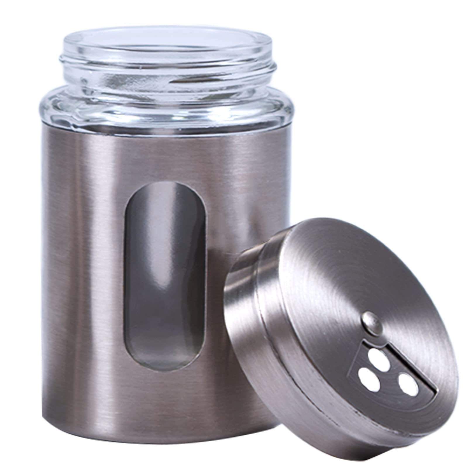 Alimat PluS 1 Pack Large Salt Shaker with 3 Adjustable Pour Holes - 7×10.9 cm Salt and Pepper Shaker with Stainless Steel Outer Layer and Internal Thick Glass for Granular Seasoning