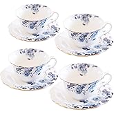 Jomop Ceramic Tea Cups Coffee Cup and Saucers Set of 4 (Blue and White)