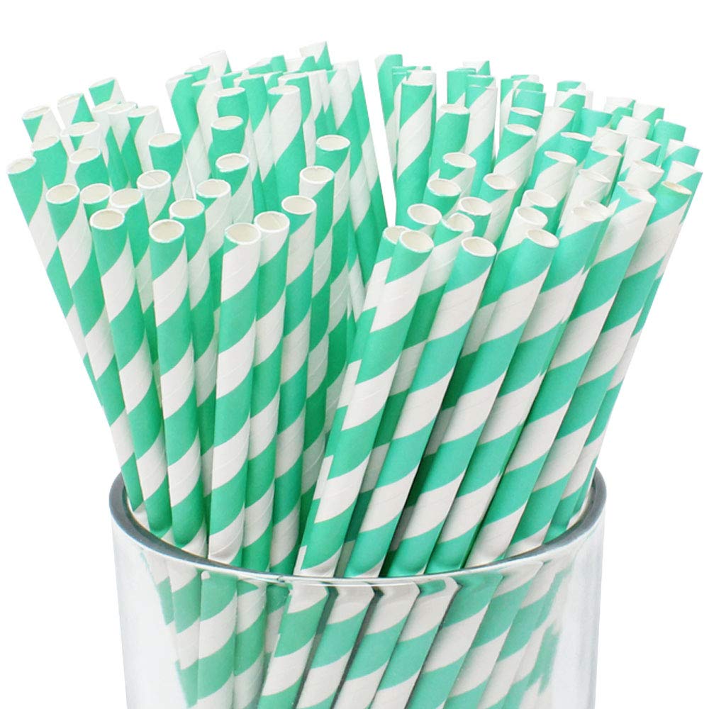 Just Artifacts 100pcs Premium Biodegradable Striped Paper Straws (Striped, Turquoise)