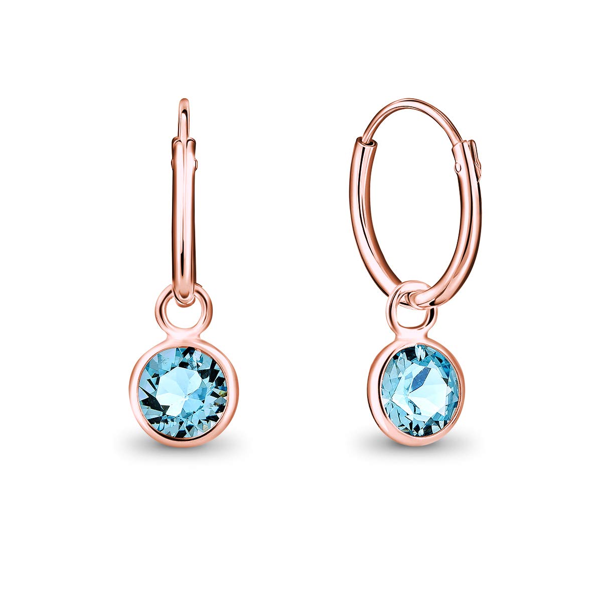DTPsilver® 925 Sterling Silver Rose Gold Plated SMALL Hoops Earrings - Dangling 5 mm Round Glittering Crystals from Swarovski® Elements - Diameter 12 mm - Colour: Blue Aquamarine