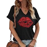 Earlymemb Womens Lover Heart Graphic V Neck Shirt Valentines Funny Couple Matching Casual Short Sleeve Tee Tops