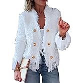 Movnebyro Women's Tweed Jackets Dressy Tassel Jackets Open Front Button Down Jacket Casual Work Office Coats Winter Coat