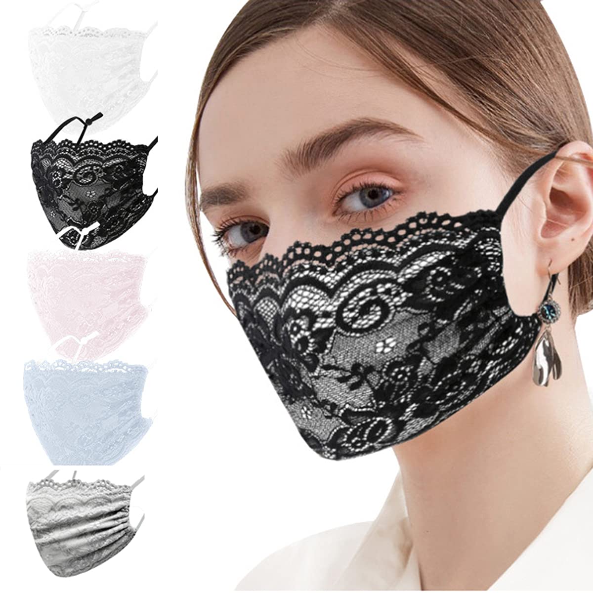 Geduoer Women Girls Lace Black_Mask With Flower Embroidery Adjustable Earloops Breathable 2 Layers For Beauty Skin Care (5 PCS-B)