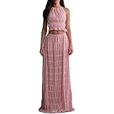 Womens Y2k Maxi Skirt Set Backless Lace Halter Crop Top and Long Skirt Sets Beach Cocktail Club Dress 2 PCS Outfit