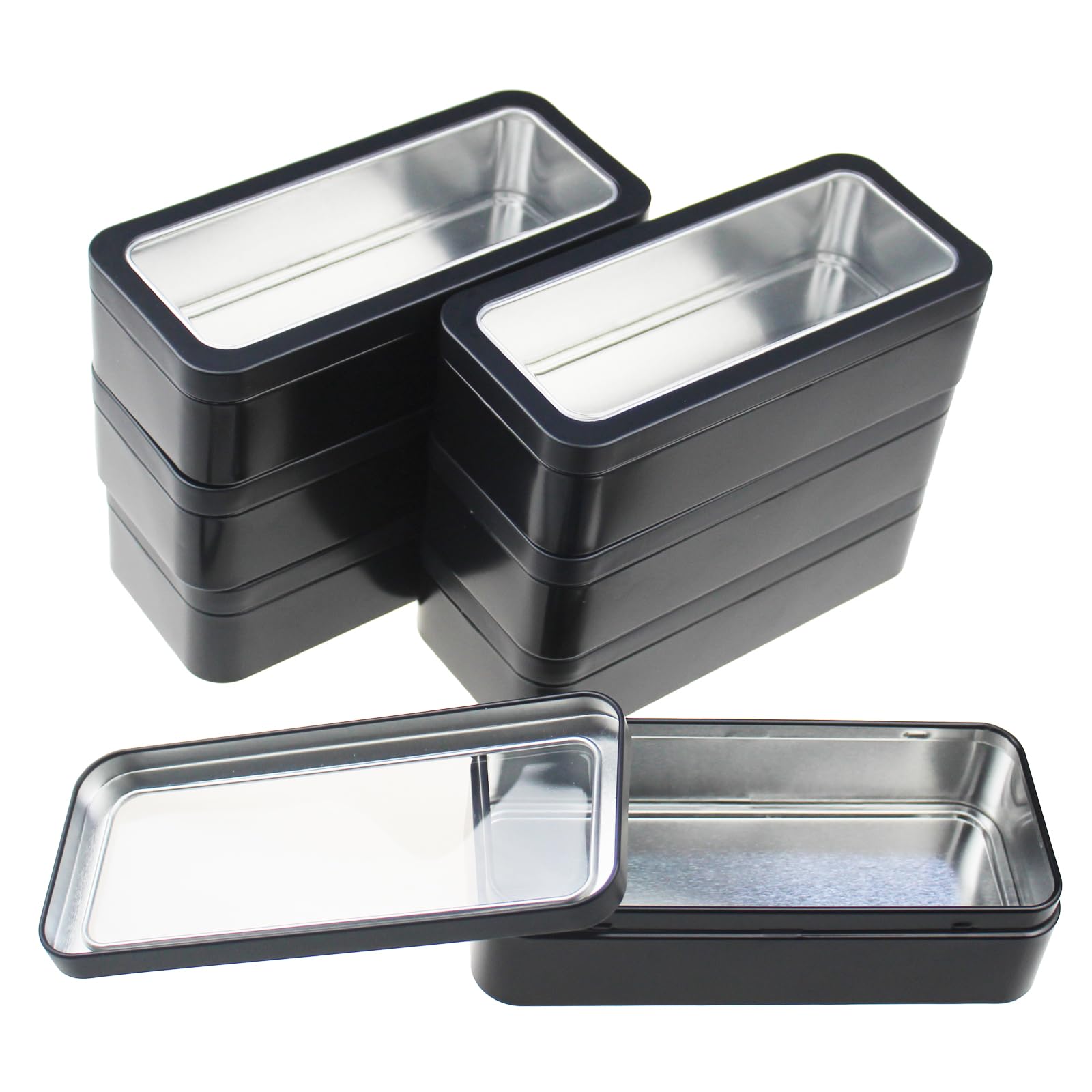Goodma 7Pcs Rectangle Metal Tins Containers with Lids Mini Storage Canister Jars Set for Home Kitchen, Office and School Supplies, 15 x 7 x 4 cm (Black)