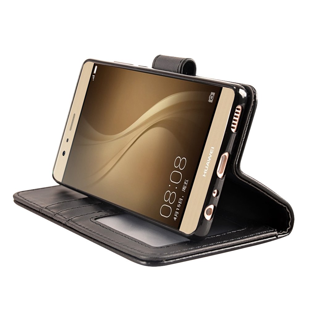 Huawei P9 Case, MagicSky Wallet Case Folio Flip Premium PU Leather Case Cover with Card Holder Slot Pockets, Wrist Strap, Magnetic Closure For Huawei P9 -Black