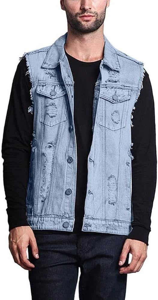 Men's Denim Vest Vintage Destroyed Basic Stretch Denim Vest Comfortable