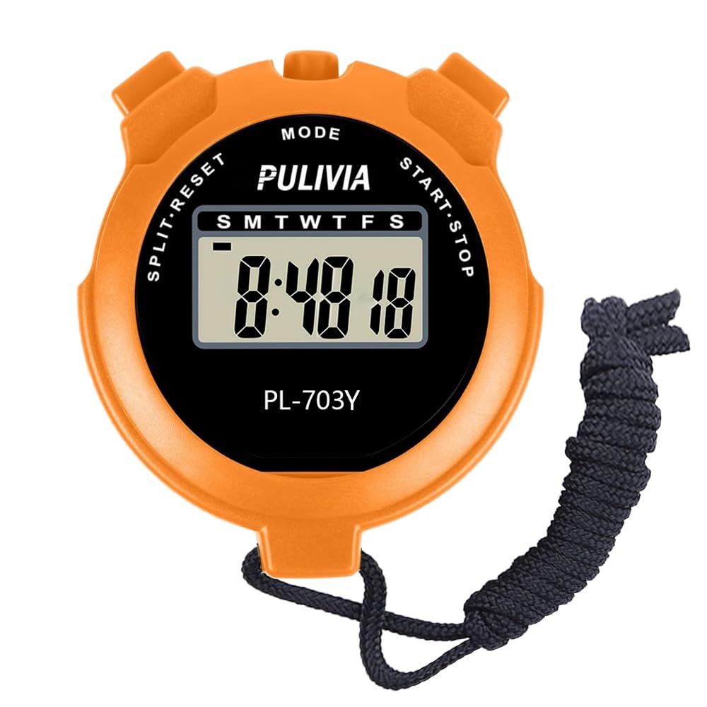 PULIVIA Sports Stopwatch Timer Lap Split Digital Stopwatch with Clock Calendar Alarm, Large Display Shockproof Stop watch for Sports Coaches Swimming Running, Orange (PL-703Y)
