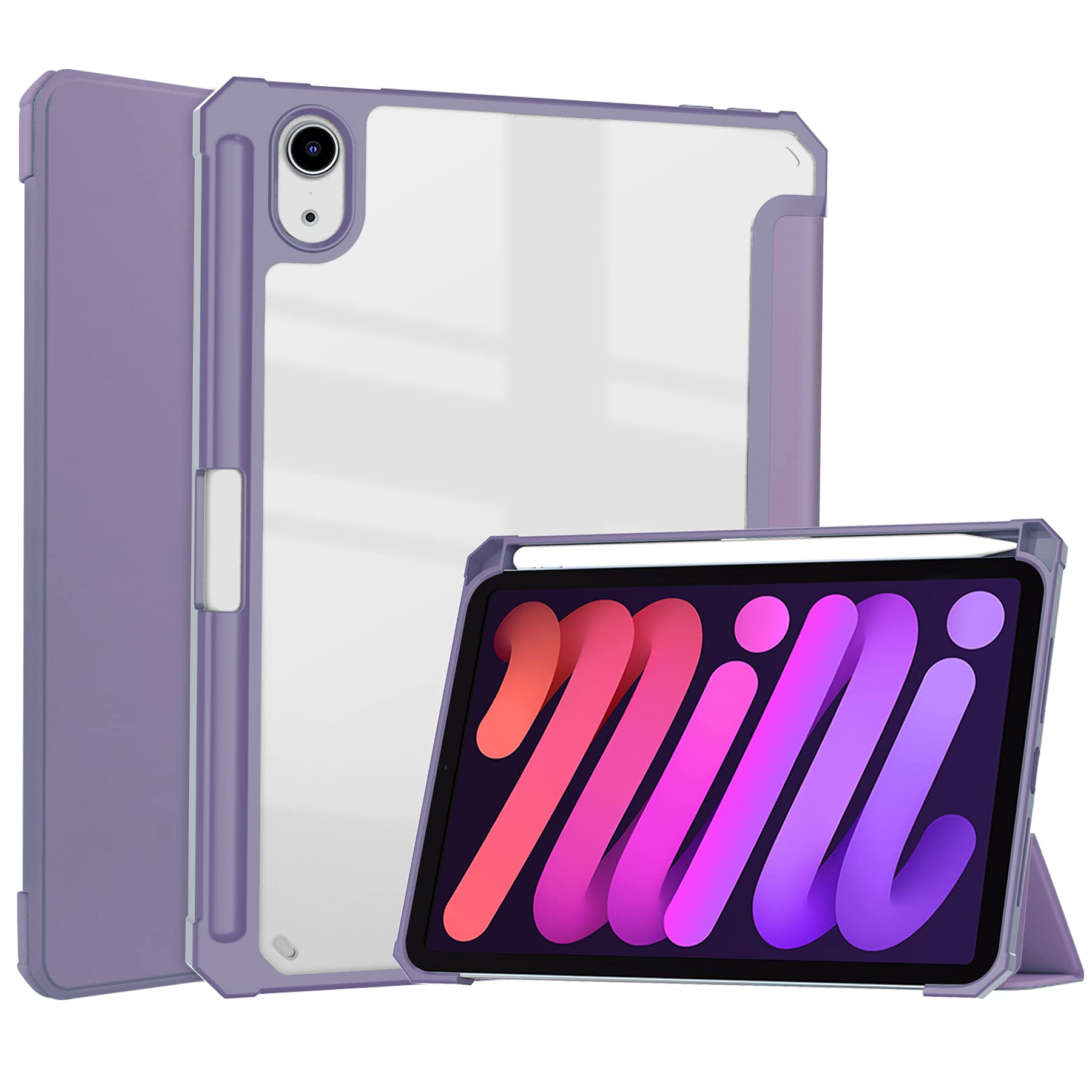 Tri-fold Stand Case for iPad Mini 6 8.3'' 2021 with Pencil Holder, PU Front and Transparent Acrylic Back Ultra Thin Lightweight Full-Body Protective Magnetic Flip Cover Auto Sleep/Wake (Purple)