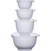 Rosti Margrethe Mixing Bowl Set with Lids, White, 500mL/750mL/1.5L/3L | Dishwasher-safe melamine with non-slip base rings, ergonomic handles and pouring spouts for stable, mess-free prep