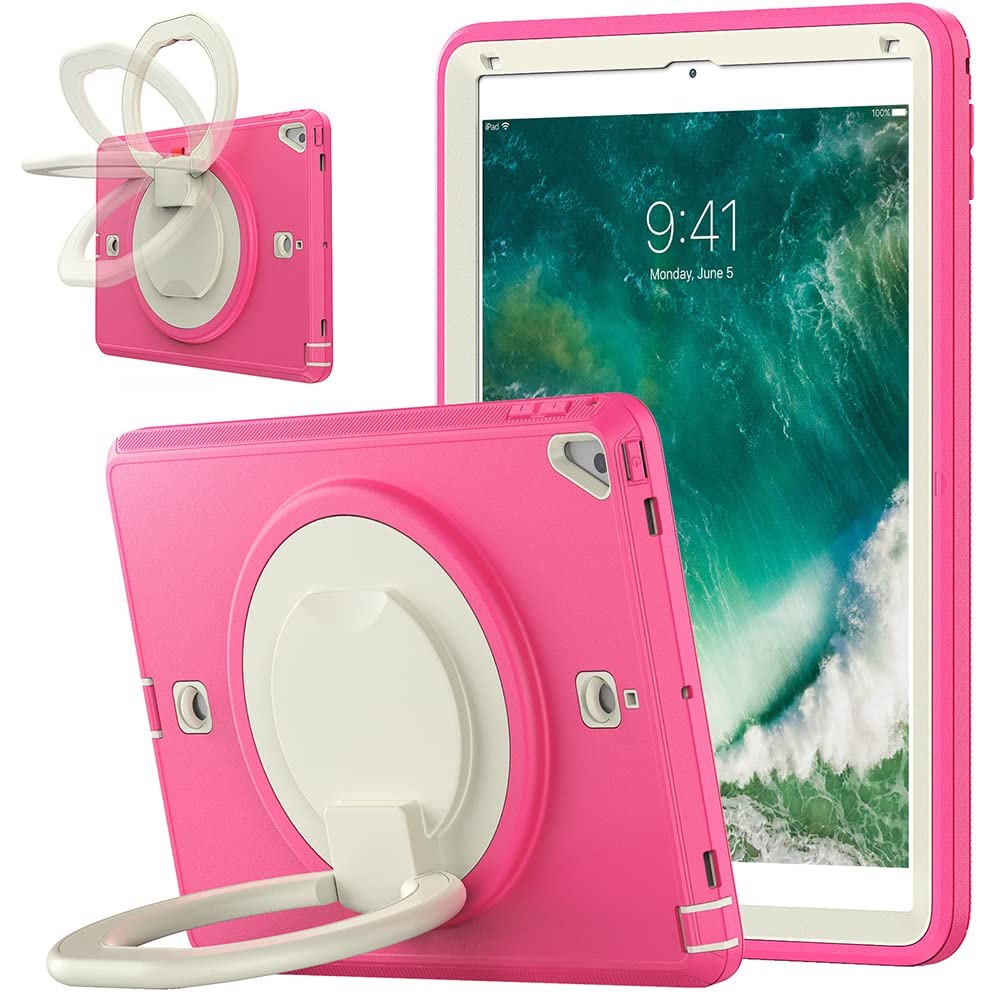 Case for iPad 2017/2018 9.7 Inch Triple Screen Protector, Robust and Shockproof Protective Case with 360° Folding Rotating Stand, Beige Rose