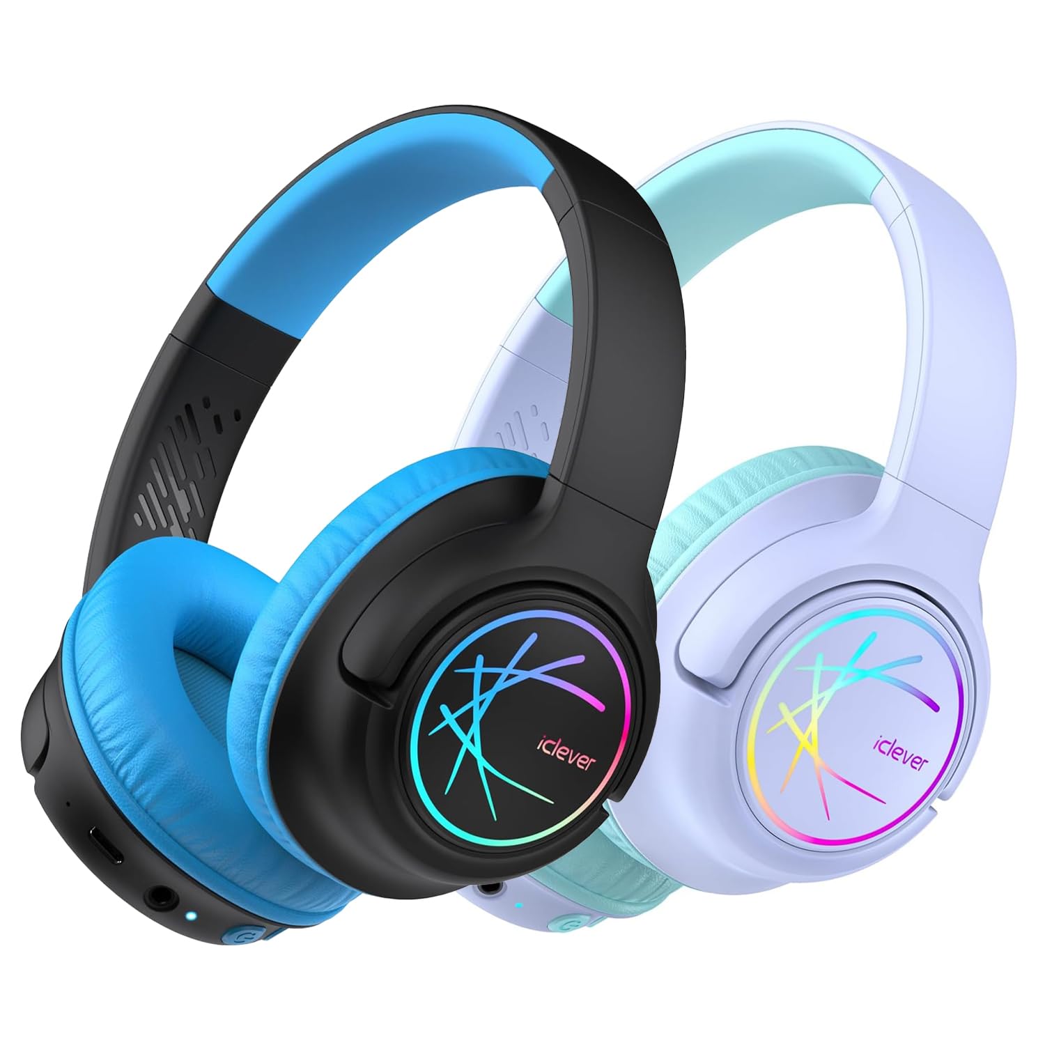 iClever 2 Pack Kids Bluetooth Headphones with LED Lights, BTH18 Safe Volume 74/85dBA, 43H Playtime, Bluetooth5.3 Kids Headphones Wireless Aux Cord for iPad/Tablet/Travel/School, Purple&Black