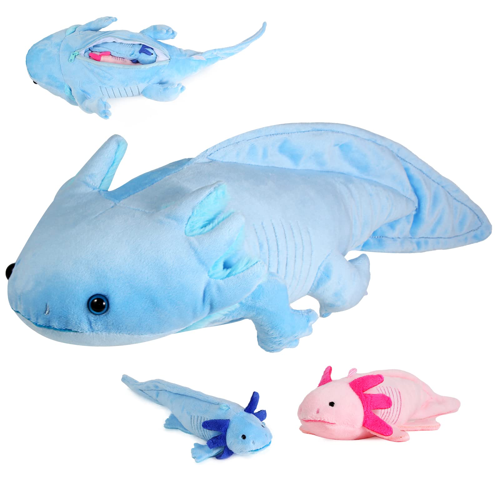 Lilizzhoumax Simulation Axolotl Plush Toy Set - Realistic Stuffed Animal with 2 Small Babies, Soft Zipper Playset, Cute Mom and Baby Design, Gift for Kids — image 1