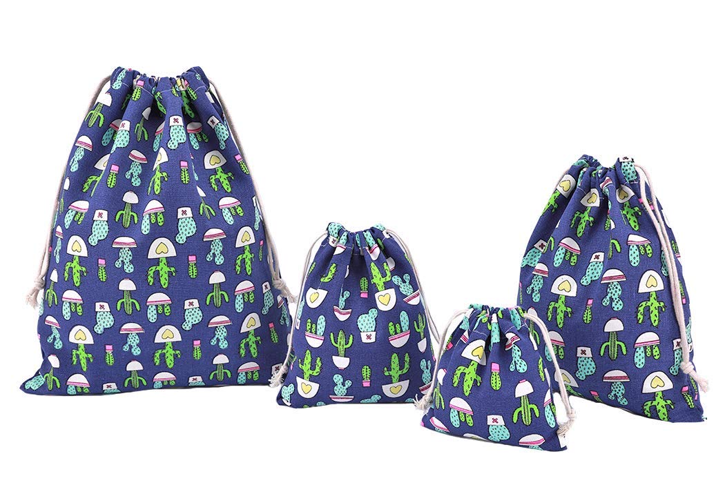 Amoyie Drawstring Organiser Bag Set for Make Up Home Travel Accessories, Fabric Storage Bag for Kids Stuff Diaper, Cactus - 2/Pack of 4