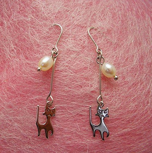 Freshwater Cultured Pearl 4mm &amp; Metal Cats ,Pierced Earring Gemstones ,Titanium Hook