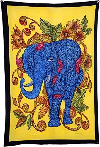 Divya Print Indian 100% Cotton Hand Brush Print Tapestry Hippie Elephant Art Tapestries Yellow with Blue Wall Hanging Ethnic Bedspread Bohemian Bed sheet Gypsy Twin 84X54 Inch Approx