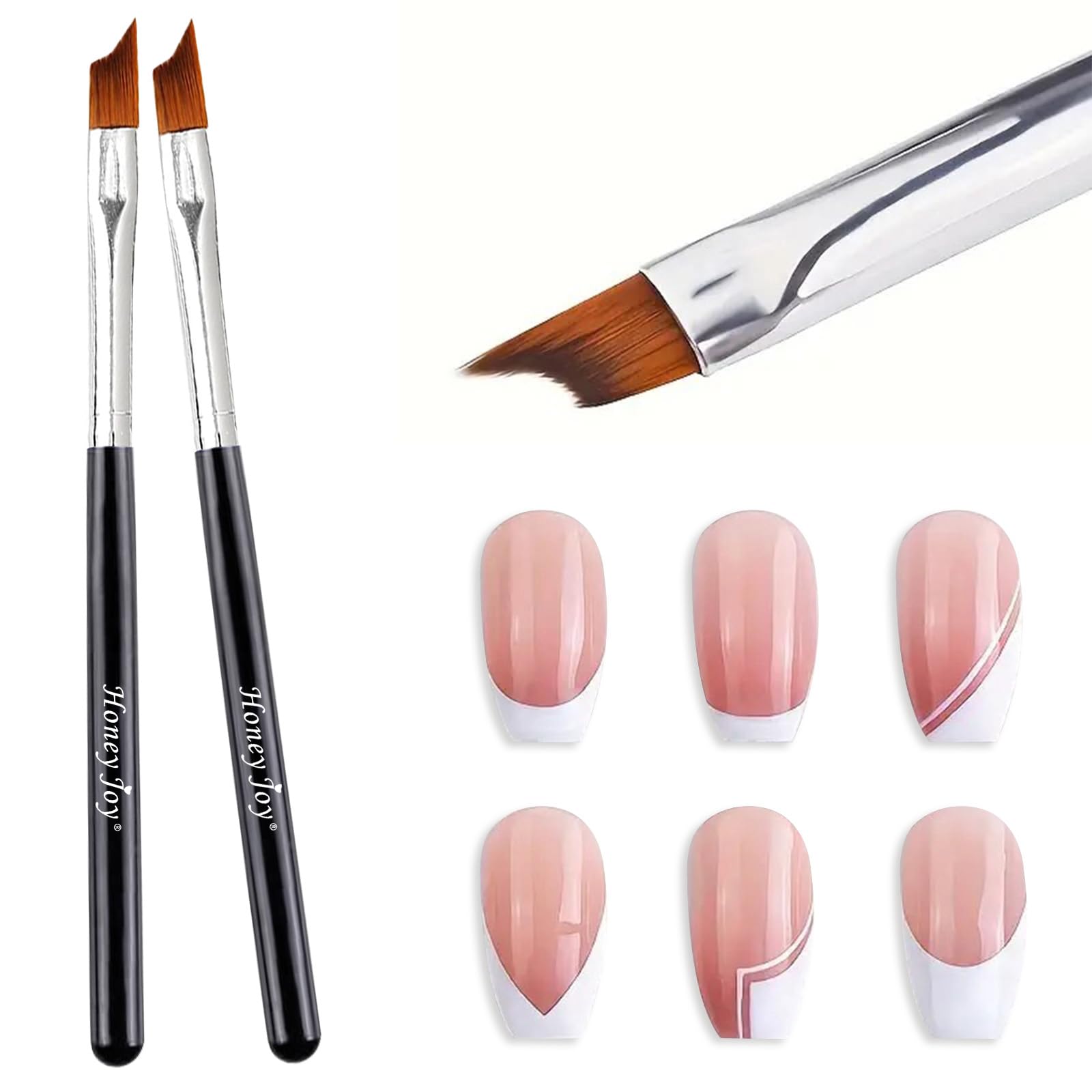 Oblique Head French Tip Nail Brush Black Handle UV Gel Acrylic Painting Drawing Pen Pack of 2