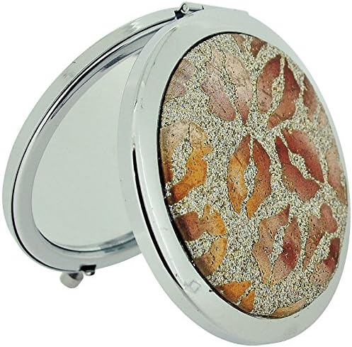 Compact Mirror Silver Plated Gold Glitter &amp; Bronze Lips Print Compact Dual Mirror SC1004