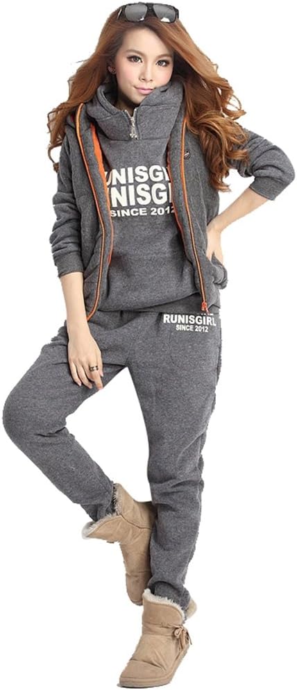 NiSeng Women'S Casual Tracksuit Winter 3Pcs Thick Hoodie Sweatshirt Set Vest Jacket Coat+Pants+Hoodie Pullover Suit Dark Gray L