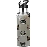 Xinvast Dog Bulldog Water Bottle Adult Kids With Straw Lid Insulated Stainless Steel Travel Mugs for Sport Gym Outdoor 20oz