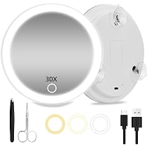 Miroir Grossissant X30 Éclairé Hmggoofa – 15,2 Cm – 3 Ventouses + Support 360° – Lumière LED Rechargeable + Pince & Ciseaux Offerts