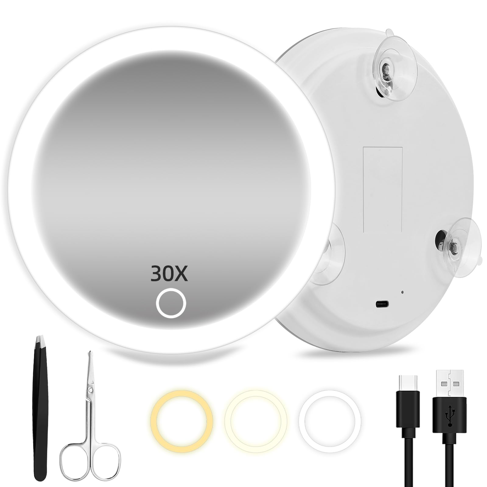 Photo 1 of 30X Magnifying Mirror with Lights, 6inch Large Makeup Magnifying Mirror, Lighted 30X High Magnifying Mirror, Travel Magnifying Mirror with Lights 30X, Portable LED Magnified Mirror with 3 Suction Cups
