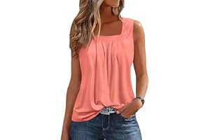 isermeo Summer Tank Tops for Women Loose Fit Pleated Square Neck Sleeveless Shirt Flowy Tops S-XXL