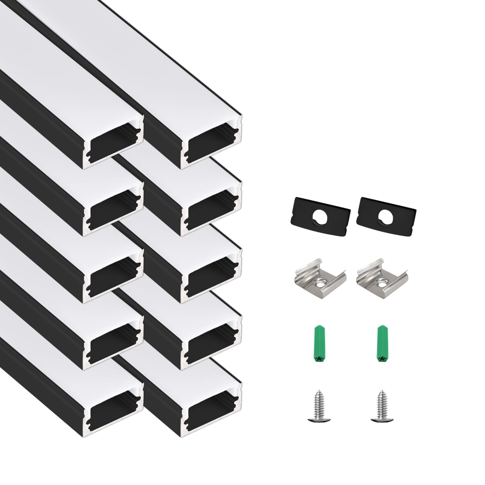 Photo 1 of 10-Pack 3.3ft/1M U Shape Black Led Aluminum Channel System with Milky White Diffuses Cover, End Caps and Mounting Clips, Aluminum Profile for 12.5mm LED Strip Light Installations, Easy Installation