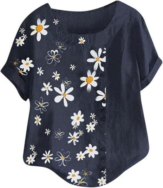 Daisy Print Blouses Women Cotton Linen Short Sleee O Neck Thin Loose Summer Casaul Fashion Top