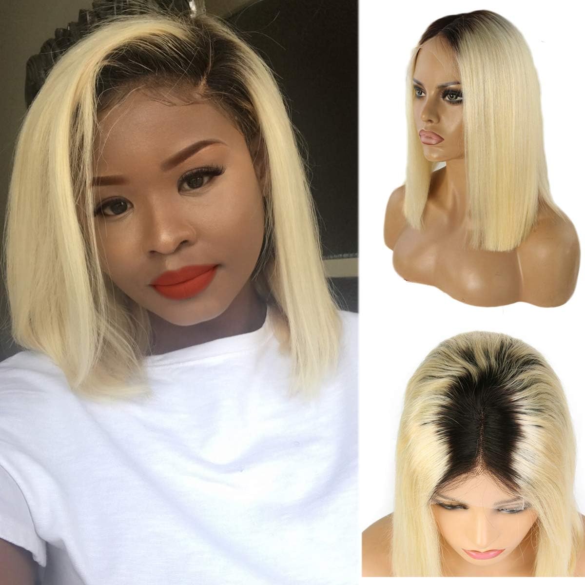 613 Lace Front Ombre Bob Wig 1B/613 Straight Human Hair Wigs 180% Density Pre Plucked Ombre Blonde Lace Front Wigs 10inch Blonde Bob with Dark Roots Bleached Knots