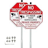 T&R No Trespassing Private Property Sign Video Surveillance Sign with 36" Stake for Outside - 2 Pack - 12"x12" .040 Rust Free