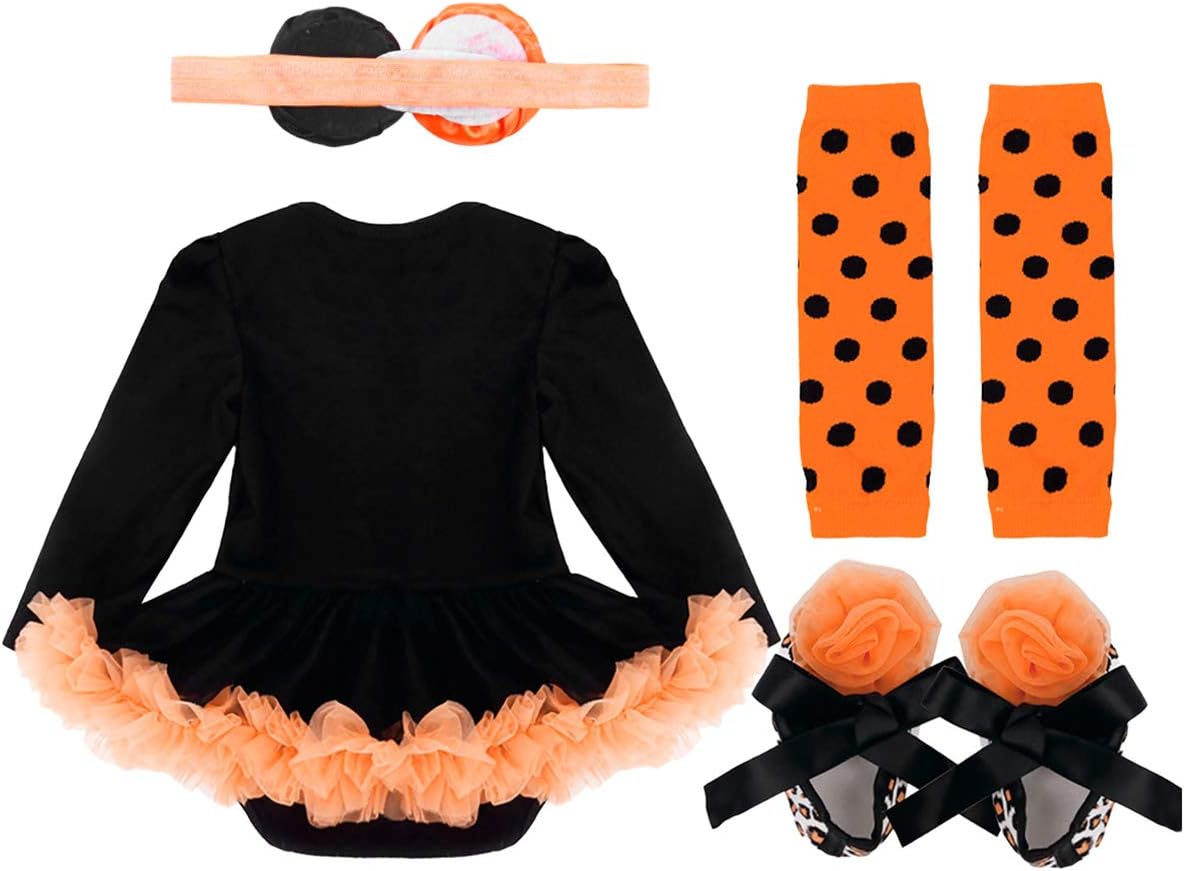 Kaerm Baby Girls Halloween Carnival Outfit Long Sleeve Pumpkin Applique Tutu Romper with Headband Leg Warmers Shoes Green 3-6 Months - Image 3