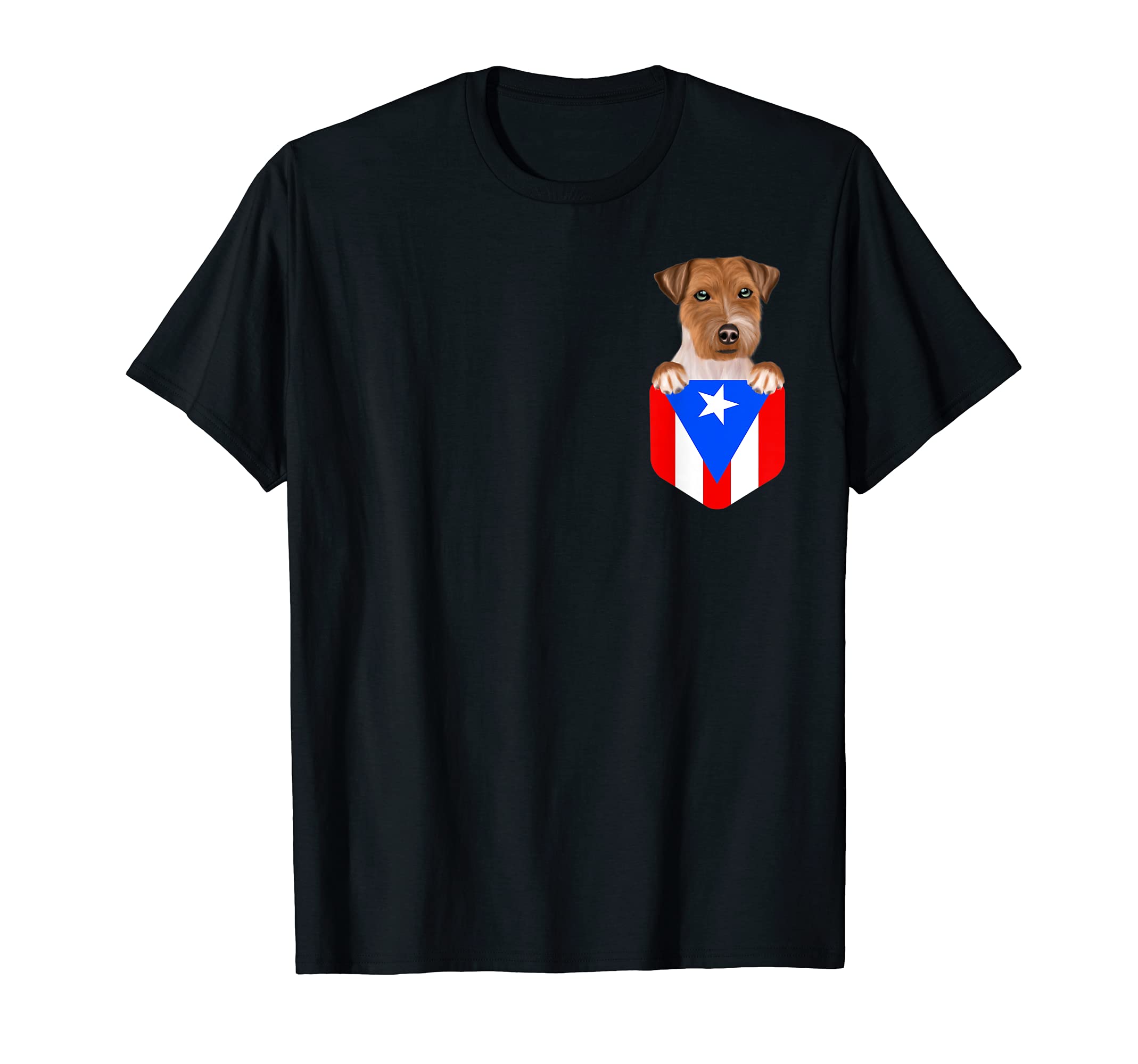Puerto Rico Flag Russell Terrier Dog In Pocket T-Shirt
