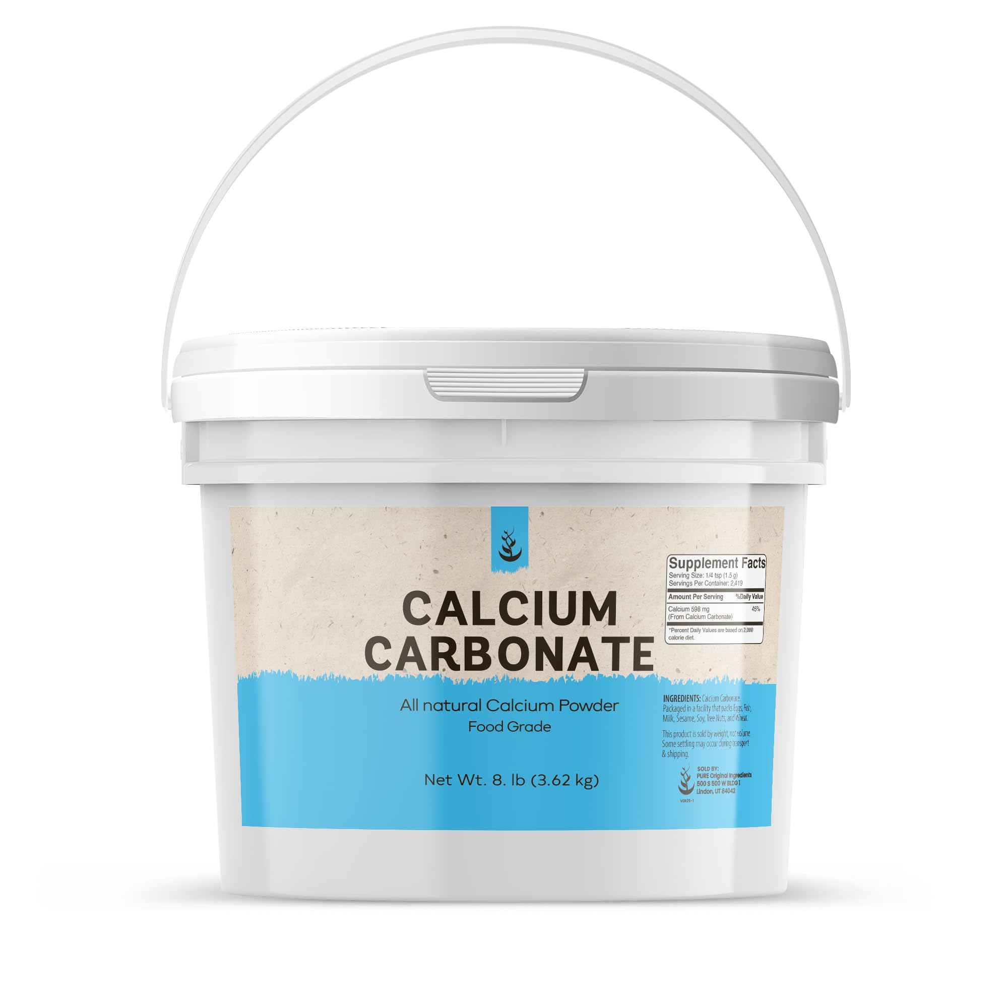 Pure Original Ingredients Calcium Carbonate Powder (1 Gallon) Dietary Supplement, Food Preservative, Reusable Plastic Bucket