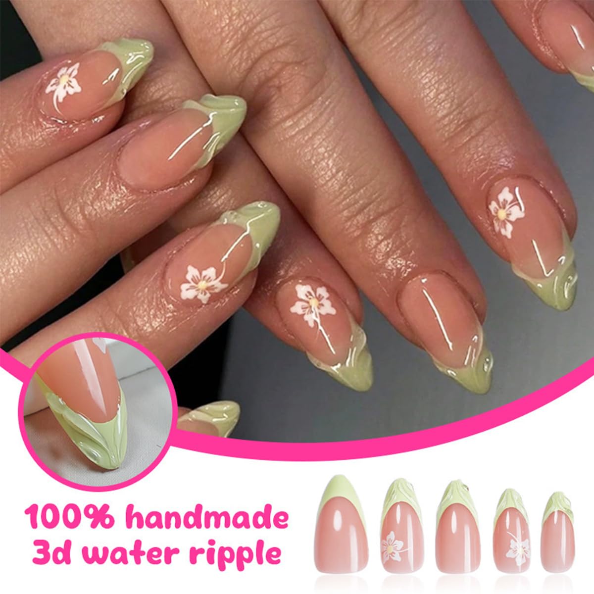 24Pcs Spring Press on Nails Almond Medium French Tip Fake Nails Cute Flowers Designs 3D Green Nail Tips Almond Shaped Acrylic Nails Full Cover Reusable Stick on Nails False Nails for Women Girls - Image 2
