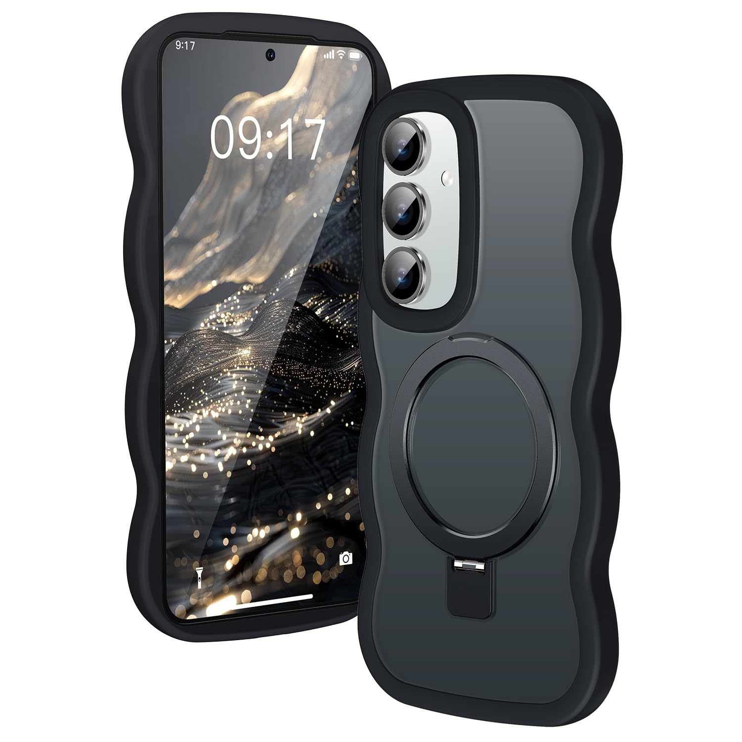 [Magnetic Stand & Cute Wave Frame] Case for Samsung Galaxy S25/S24 Case [Fit for MagSafe] MIL-Grade Drop Protection Matte Translucent Back Kickstand Phone Case for Galaxy S25/S24 6.2", Black