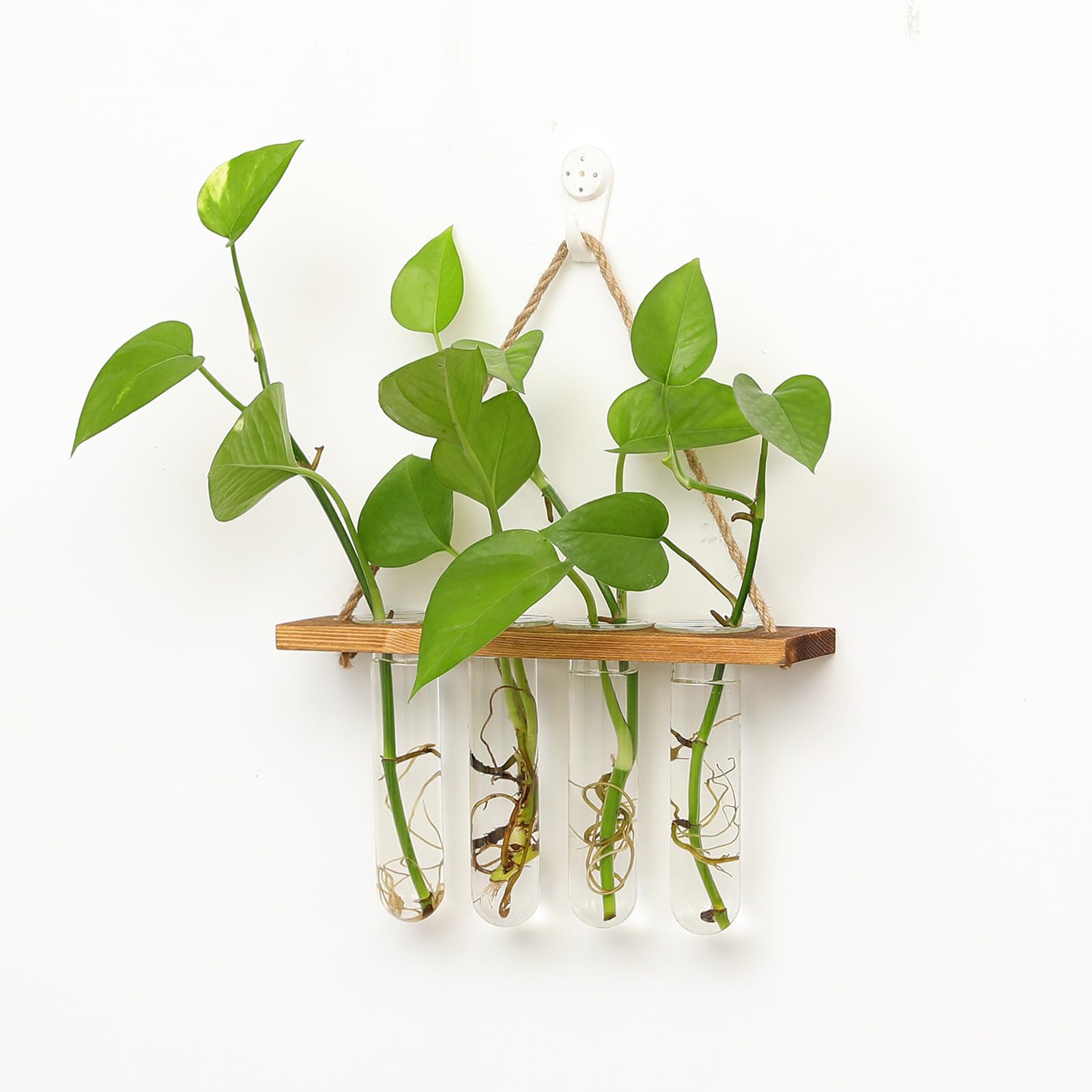 Glass Propagation Tubes, Wall Mounted Plant Propagation Station with 4 Test Tubes, Hanging Glass Hydroponic Planter, Hydroponic Plants Terrarium with Wooden Frame 4 Test Tubes Vase for Cuttings(Brown)