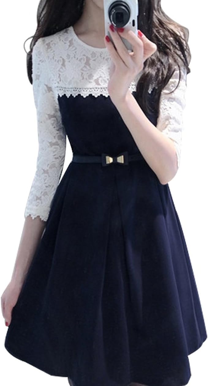 Amazon レディースワンピース L ブルー 長袖 ベルト付 ワンピース チュニック 通販