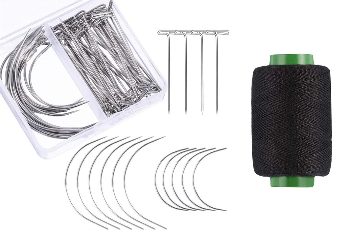 Hsthe Sea 70 Pieces C T Shaped Wigs Needle T Needle Black Thread for Wigs Making Hair Extensions Handmade Sewing 20 x C Shaped Needles + 50 x T Shaped Needles + 1 x Black Thread