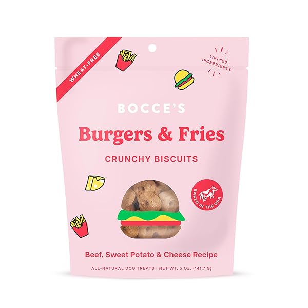 BOCCE’S BAKERY – LIMITED EDITION WHEAT-FREE DOG TREATS, BURGERS & FRIES BISCUITS, 5 OZ