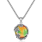 LOIPURI Flower Necklaces for Women with Walnut Jewelry Box 925 Sterling Silver Pendant Necklace with 14 * 14MM Round Moss Agate/Ammolite Gemstone Mother's Day Vintage Jewelry Gift