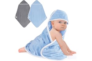 UNIMADE Hooded Towel for Newborn, 2 Pack Soft Coral Fleece Baby Towels, Ultra Absorbent Bath Cloths Bulk for Infants, Toddlers, Newborn Essential- 30 x 30 inch - Grey & Blue