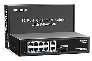 12 Port Gigabit PoE Switch Unmanaged with 8 Port IEEE802.3af/at PoE+@120W, 2 x 1000Mbps Uplink + 2 x 1G SFP, NICGIGA 8 Port N