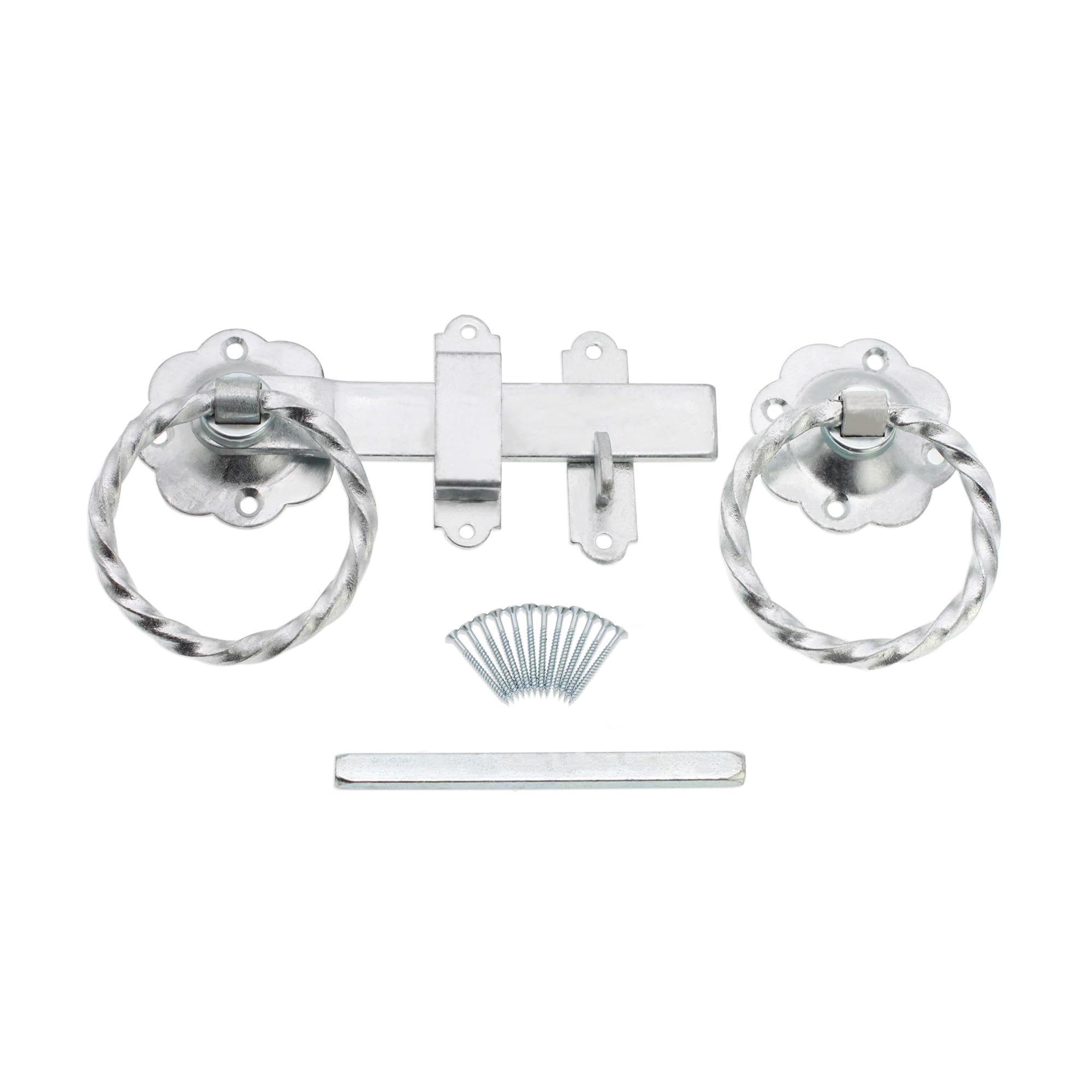 Infinity Decor 6” 150mm Heavy Duty Twisted Ring Rustproof Gate Latch Catch Lock Set in Galvanized Zinc for Garden Gate, Sheds Door, Barn, Garage Gate