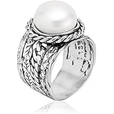 JEAN RACHEL JEWELRY 925 Sterling Silver Ring - Braid & Leaf Vintage Design with Pearl Statement Ring - Hypoallergenic, Lead and Nickel Free Rings for Women - Artisan Handcrafted Collection