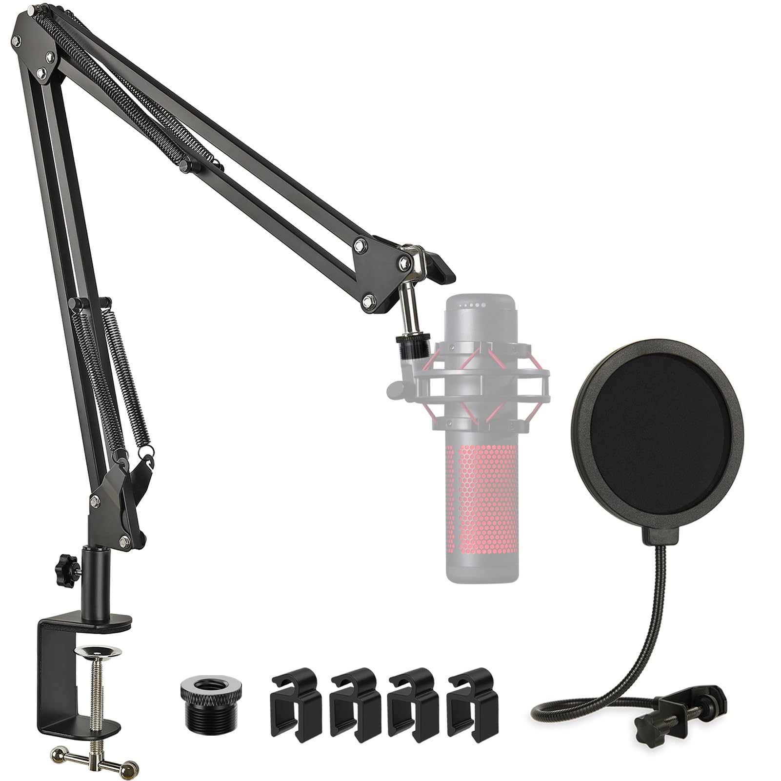 HyperX QuadCast Mic Stand with Pop Filter, Adjustable Mic Boom Arm with Upgraded Desk Table Mount Clamp for HyperX QuadCast, QuadCast S-RGB USB Condenser Microphone by Rigych