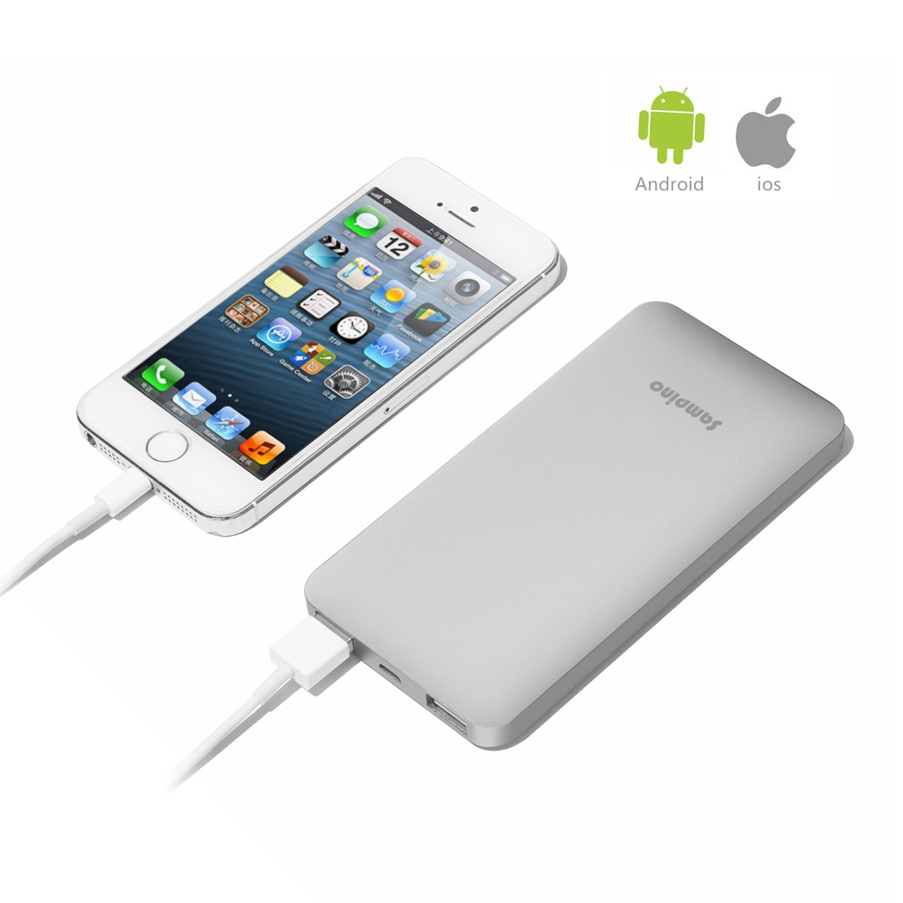 Sampino 5000 mAh Phone Charger for iPhone or Pokeman Go,1.0/2.1A Output External Battery Power Bank Dual USB Ports for iPhone Samsung Blackberry Microsoft HTC Portble DVD (Silver)
