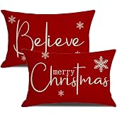 MAZSHTTD Christmas Pillow Covers 12 x 20 Inch Set of 2 Merry Christmas Believe Red Throw Pillow Covers Winter Xmas Winter Holiday Decorative Cushion Cases for Sofa Couch